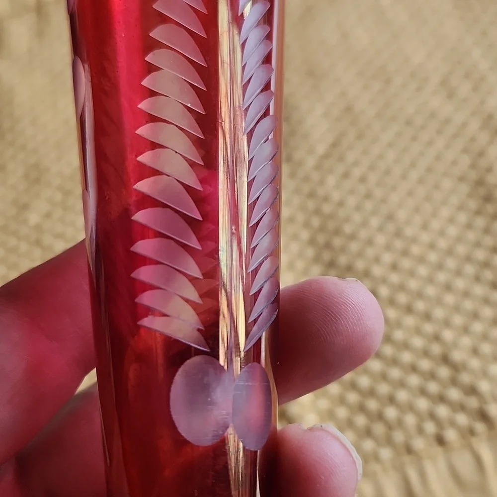 Cranberry Etched Glass Vase Mid Century Modern Fragile Collectible